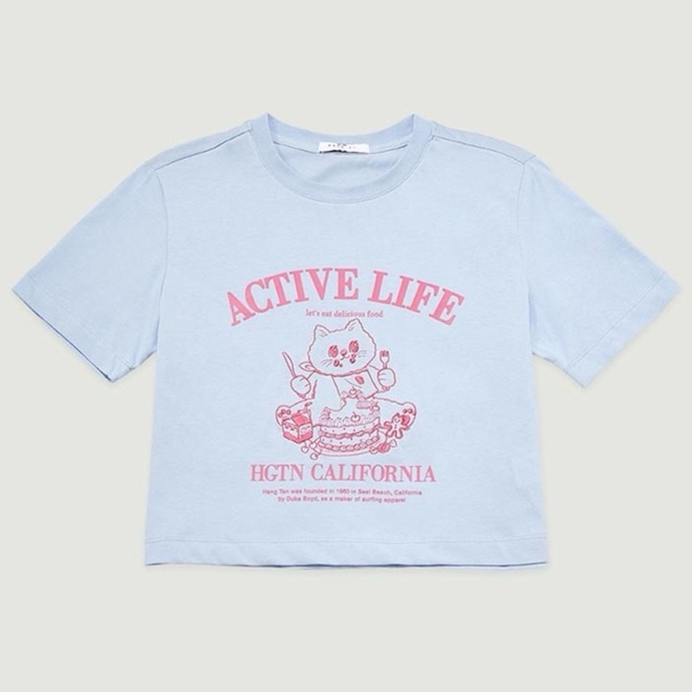 Hang Ten Cropped Boxy Fit Light Blue T-Shirt w/ Pink Cat Graphic Sz Medium Twee